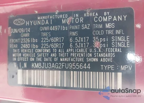 2015 Hyundai Tucson Limited/Se from USA, damaged, VIN KM8JU3AG2FU955644